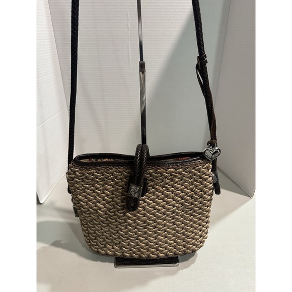 Brighton Straw Crossbody Shoulder Bag Brown Leather Braided Strap - Picture 1 of 15